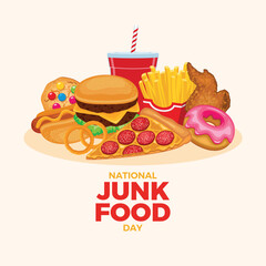 National Junk Food Day poster vector illustration. Pile of unhealthy fast food drawing. Group of fried and sweet food icon set. Template for background, banner, card. July 21 every year