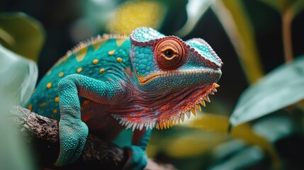 chameleon on a branch close-up. Selective focus