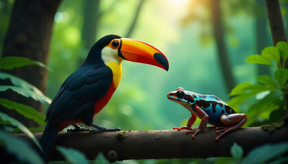 A digital display set in a rainforest, highlighting biodiversity and showing genetic information about local plants and animals