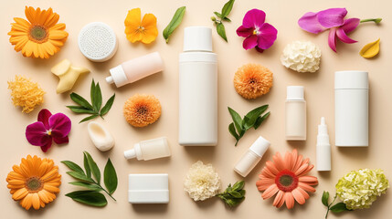 Assorted skincare products and colorful flowers arranged on a beige background, featuring bottles, jars, and leaves in an aesthetic flat lay composition.