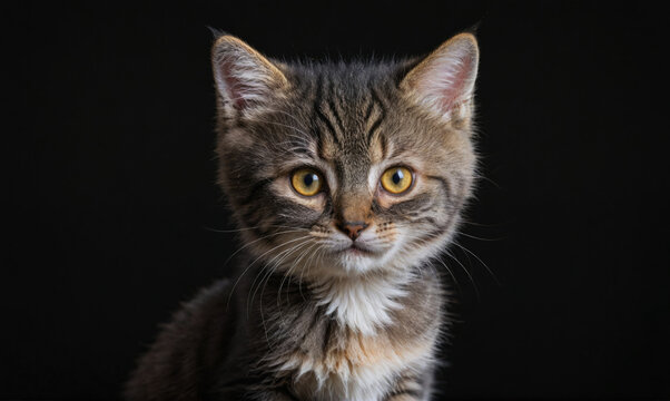 A tabby kitten with bright yellow eyes looks directly at the camera in a close-up portrait