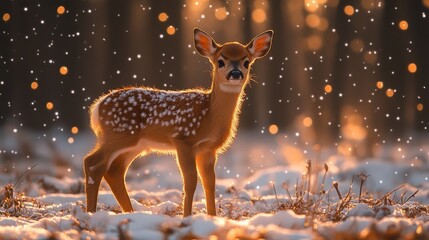 Obraz premium Adorable Baby Deer in a Snowy Winter Fantasy Scene
