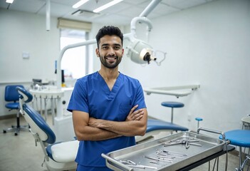 Fototapeta premium Portrait of a Confident Dentist in Blue Scrubs in Modern Dental Clinic