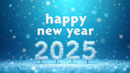 Happy New Year 2025, Text with white fur snow falling on a blue background. Festive design for holiday greetings, celebrations, and winter events.