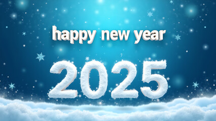 Happy New Year 2025 greeting card with snow and snowflakes.