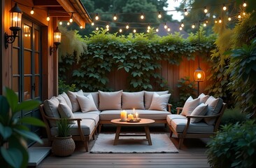 Fototapeta premium Cozy seating area on the outdoor terrace with garlands and greenery in the garden