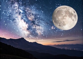 Enchanting Lunar Landscape with Stars and Mountains, Captivating Night Sky Over the Moonlit Terrain with Ample Copy Space for Text or Branding