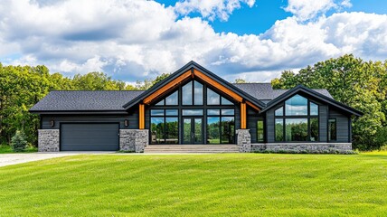 Obraz premium Modern Farmhouse Exterior: Architectural marvel of a contemporary farmhouse with expansive windows, dark exterior, and stone accents. Set against a lush green lawn and vibrant blue sky.