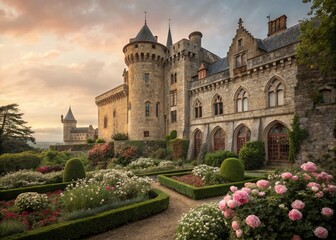Obraz premium Enchanting Medieval Castle Romance: A Love Triangle Unfolds Amidst Ancient Stone Walls and Lush Gardens for Book Cover Photography