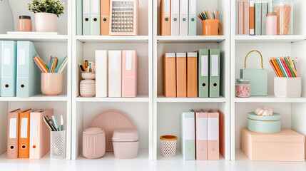 Organized office shelves with pastel stationery and storage