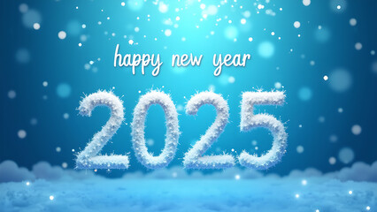 Snowy 2025 New Year greeting with blue background