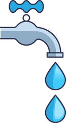 Illustration of a faucet with water droplets, symbolizing water flow and conservation.