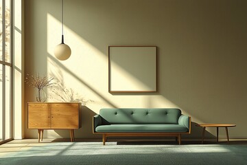 Mid century Modern interiors in residential living rooms with windows visible and minty sofas, pendant lighting, and wood cabinet. Generative AI
