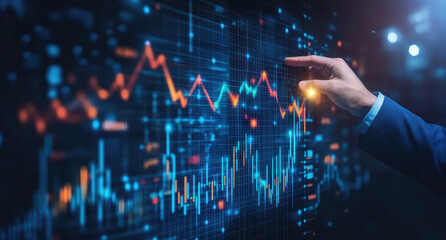 A business professional analyzes data trends on a digital interface in a modern office environment at night. Generative AI