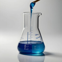 A glass beaker half-filled with a colorful liquid,