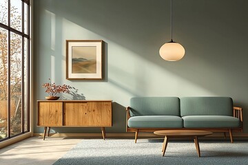 Mid century Modern interiors in residential living rooms with windows visible and minty sofas, pendant lighting, and wood cabinet. Generative AI
