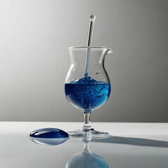 A glass beaker half-filled with a colorful liquid,