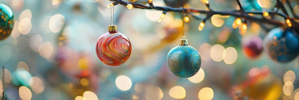 Aufkleber brightly colored christmas ornaments dangle from a string, twinkling alongside warm lights, creating