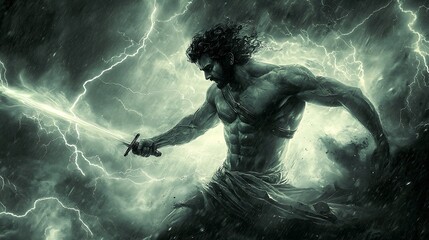 Powerful warrior wielding a sword amid dramatic lightning in a stormy sky with dynamic energy and intense emotions portrayed in a mythological art style