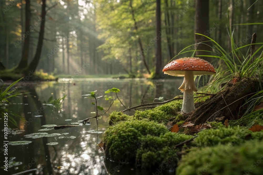Poster enchanting toadstool amidst lush greenery in a serene swamp setting with reflective water and gentle