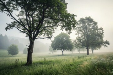 Enchanting Tilt-Shift Photography of Trees Surrounded by Ethereal Mist and Fog in a Serene Field, Capturing Nature's Tranquility and Beauty in a Dreamlike Landscape