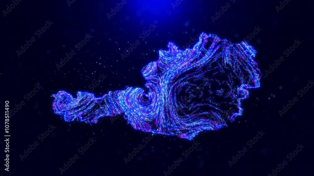 Poster abstract motion view austria map design, featuring glowing blue hairlines, dynamic flowing patterns,