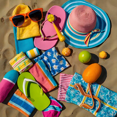 Brightly colored beach gear including sandals