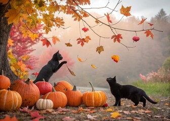 Enchanting Watercolor Illustration of Black Cats Nestled Among Pumpkins and Autumn Leaves, Capturing the Essence of Fall's Magical Charm and Whimsy