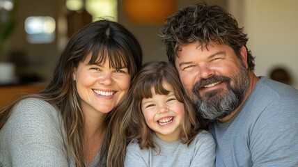 Fototapeta premium happy family portrait with a mother, father, and daughter smiling for the camera in their home,generative ai
