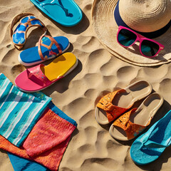 Brightly colored beach gear including sandals