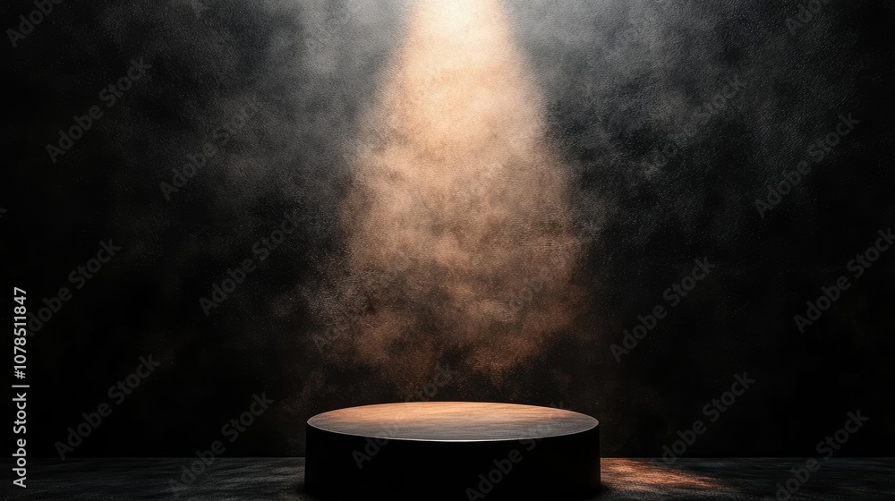Poster dramatic spotlight illuminating a round podium in a dark studio environment, creating a mysterious a