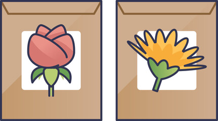 Two seed packets with rose and daisy illustrations symbolize growth and gardening.