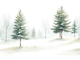 Fototapeta premium A serene winter landscape featuring snow-covered trees and a misty background, creating a tranquil and peaceful atmosphere.