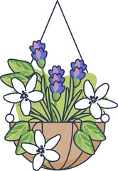 Image of Illustration of a hanging flower basket with purple and white flowers, symbolizing beauty and nature. printed on Printed Glass Basin Splashbacks
