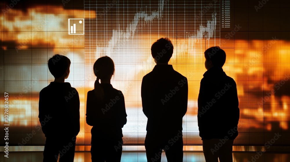 Poster group of business people analyzing financial graphs and data trends in a modern office environment w