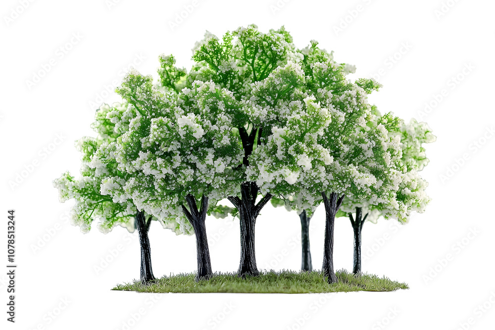 Poster tree model. a collection of white and green plastic toy trees isolated on a simulated layout