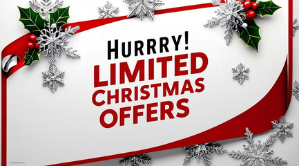 A festive announcement promoting limited-time Christmas offers with holiday decorations like holly and snowflakes.