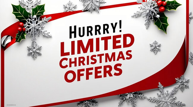 A festive announcement promoting limited-time Christmas offers with holiday decorations like holly and snowflakes.