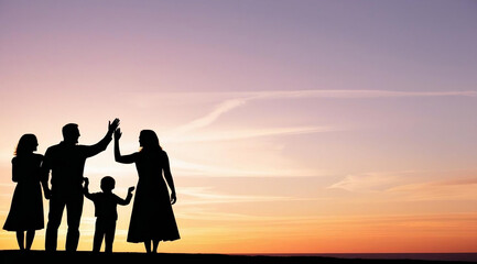 A silhouette of a family enjoying a sunset, with parents and children interacting joyfully in the warm evening light.