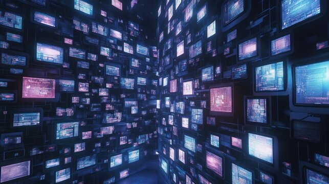 Digital information media social networking technology with hundreds of television screens background wallpaper AI generated image