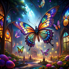 Oversized insects in a surreal, fantastical setting with vibrant colors,