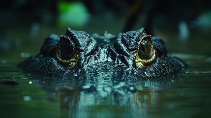 Obraz premium Close-up of a Crocodile Eye in a Murky Green Water