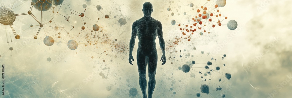 Poster a human silhouette stands amidst a variety of colorful molecules and diagrams, symbolizing the explo