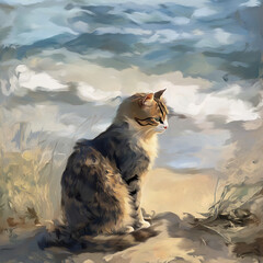 A cat at the beach in impressionist style, capturing soft brushstrokes and vibrant colors of the seaside atmosphere, perfect for art-related projects, coastal themes, or pet lovers
