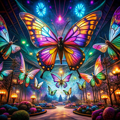 Oversized insects in a surreal, fantastical setting with vibrant colors,
