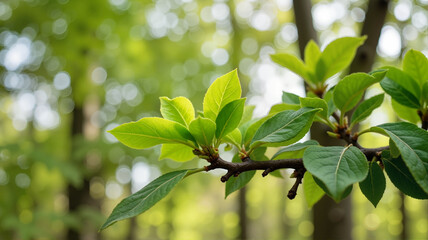 Fresh green leaves on branch in spring forest
