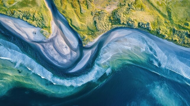 An aerial view of a river flowing into the ocean, with a winding path through the green landscape.