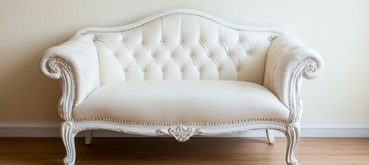 Classic White Sofa on Wooden Floor, Elegant Furniture, Interior Design, Living Room Concept