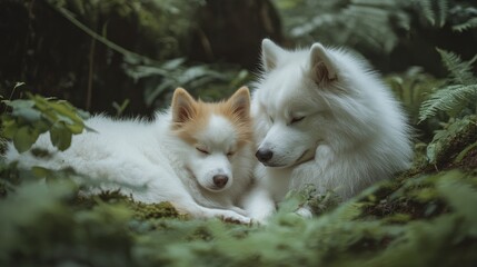 Naklejka premium A cute white mixed-breed puppy and a fluffy Samoyed dog resting together, surrounded by greenery