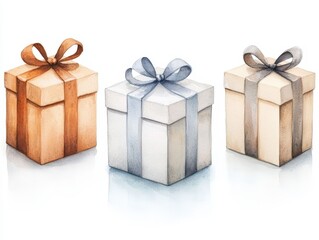 Three beautifully wrapped gift boxes in soft colors with ribbons, presenting an inviting and festive appearance.